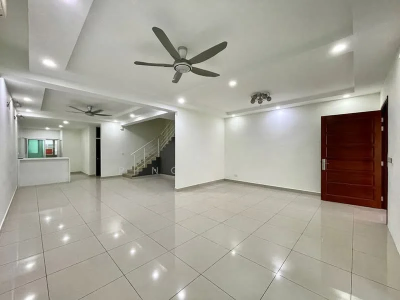 Living features: white painted walls, polished ceramic tile flooring, tray ceiling with recessed lighting, 5-blade ceiling fan with light, 2 wall-mounted split AC units, large windows for natural light, open layout, neutral color scheme; style: modern. Kitchen features: open layout to living area, kitchen counter visible, unknown cabinetry, unknown appliances; style: modern.