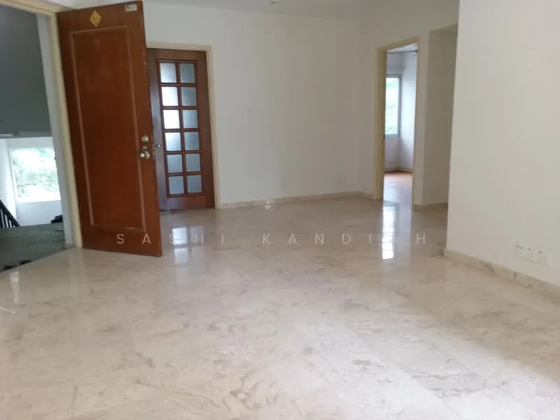 Room features: marble flooring, white painted walls, wooden door with glass panels, large windows, natural light, neutral color scheme, open space, no visible furniture; style: modern; view: garden.