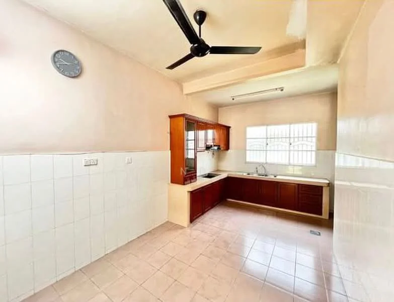 Kitchen features: white tiled walls, cream painted walls, light pink tiled flooring, wood cabinetry, single-bowl stainless-steel sink, chrome pull-down faucet, countertop with space for appliances, window with grid pattern, ceiling fan, wall clock; style: modern.