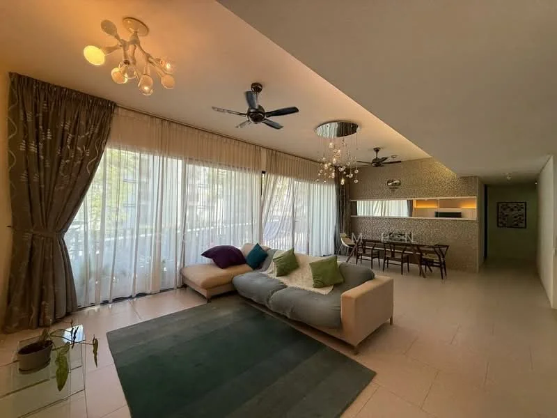Living features: 3-seater fabric sofa in light beige, green accent cushions, area rug in dark green, 2 ceiling fans, chandelier with multiple bulbs, floor-to-ceiling windows with sheer curtains, dining area visible in background, light-colored tiled flooring, decorative wall with textured finish, indoor plant in ceramic pot; style: modern; view: garden.