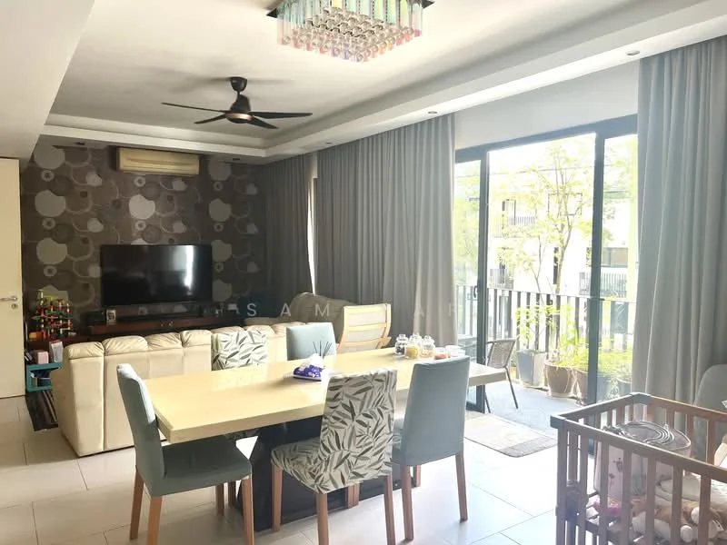 Living features: 3-seater fabric sofa in cream, 2-seater fabric sofa in beige, coffee table, wall-mounted TV, ceiling fan with light, recessed downlights, decorative mirror, area rug with geometric pattern, floor-to-ceiling sliding glass door, sheer curtains, wall with circular pattern wallpaper, dining table with 6 upholstered chairs, open shelving unit, potted plants on balcony; style: modern; view: garden.