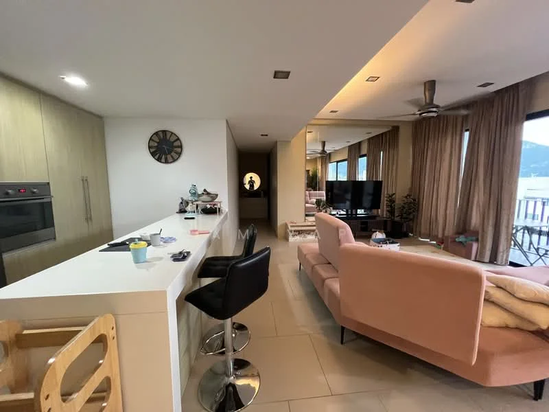 Kitchen features: white cabinetry, stainless-steel built-in oven, bar counter with stools, pendant lighting, clock on wall, open shelving, ceramic tile flooring; style: modern. Living features: 3-seater fabric sofa in light pink, coffee table, wall-mounted TV, floor-to-ceiling windows, curtains, ceiling fan, area rug, decorative items on shelves; style: modern; view: city.