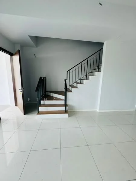 Room features: white painted walls, glossy white tile flooring, staircase with wooden steps and metal railing, large windows allowing natural light, open layout, high ceiling, minimalist design, neutral color palette; style: modern.