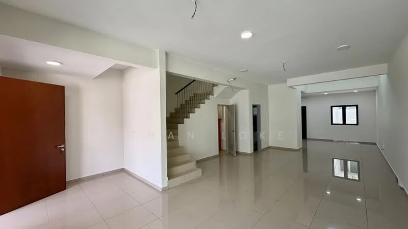 Room features: white painted walls, glossy ceramic tile flooring, staircase with wooden steps, recessed downlights, single wooden door, multiple windows, open layout, neutral color scheme; style: modern.