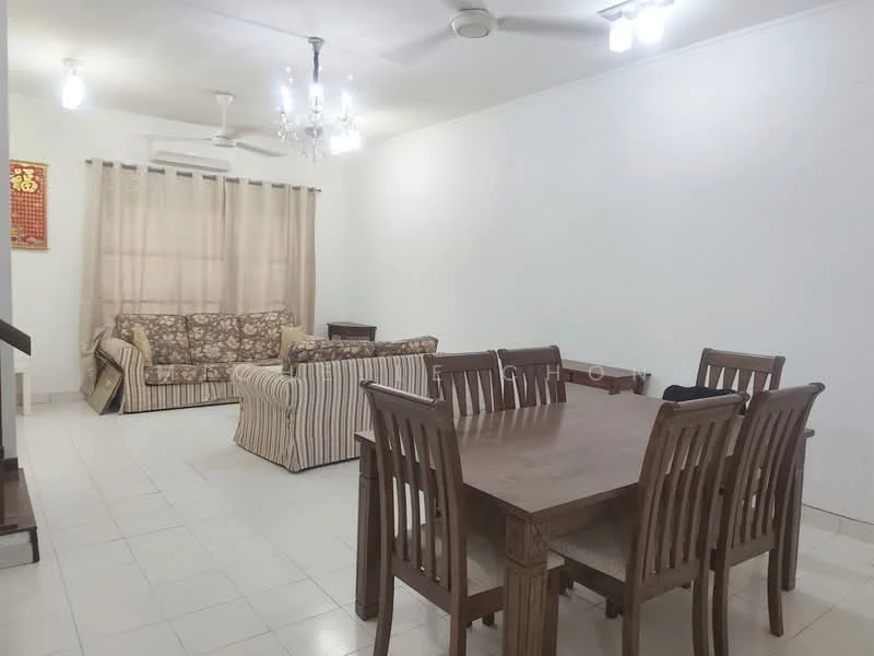 Living features: white painted walls, tile flooring, 5-blade ceiling fan with light, chandelier, sofa with floral pattern, striped sofa, wooden dining table, 6 wooden dining chairs, curtains, air conditioning unit; style: modern.