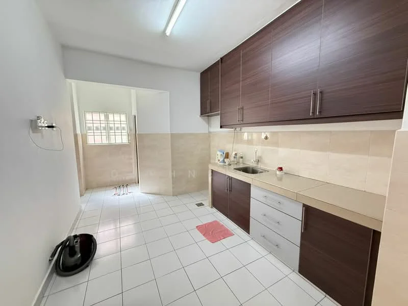 Kitchen features: brown wooden cabinetry, white countertop, single-bowl stainless-steel sink, chrome pull-down faucet, built-in oven, freestanding range oven, ceramic tile flooring, white painted walls, fluorescent ceiling lights, window with grid pattern, dish soap dispenser, kitchen towel, floor drain; style: modern.