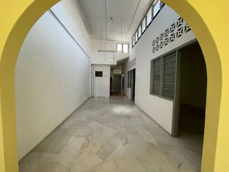 Room features: arched entryway, white painted walls, grey window frames, marble flooring, high ceiling, natural light from windows, multiple doorways, decorative wall ventilation, open layout; style: minimalist.
