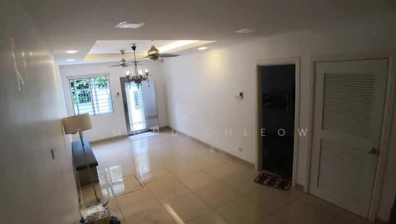 Living features: white painted walls, glossy beige tile flooring, tray ceiling with recessed lighting, 3-blade ceiling fan, 2 pendant lights, large window with sheer curtains, door leading to outdoor area, wall-mounted light switch, decorative wall panel, small area rug, sofa or bench against wall; style: modern; view: garden.