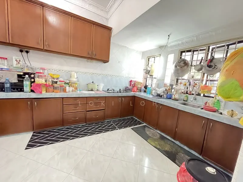 Kitchen features: brown wooden cabinetry, grey marble countertop, double-bowl stainless-steel sink, chrome pull-down faucet, built-in gas stove, wall-mounted kitchen hood, ceramic tile flooring, white tiled backsplash, window with metal grilles, various kitchen appliances visible, black area rug, open shelving, decorative items on countertops; style: modern.