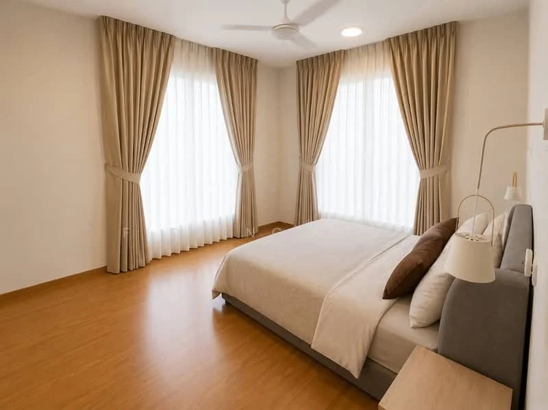Bedroom features: queen-size bed, upholstered headboard, two bedside lamps, floor-to-ceiling windows, sheer curtains, brown accent pillows, wooden flooring, ceiling fan, recessed downlights, decorative wall art; style: modern.