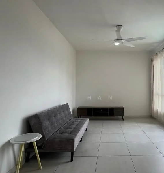 Living features: grey fabric sofa, white side table, wall-mounted TV console, large windows with sheer curtains, ceiling fan with light, light-colored tiled flooring, white painted walls, natural light from windows; style: modern.
