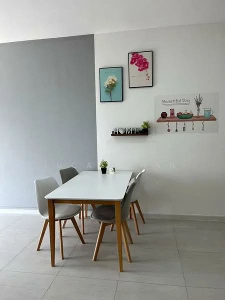 Dining features: white rectangular dining table, 4 dining chairs in grey and white, light grey painted walls, decorative wall art with floral prints, wooden shelf with decorative items, small potted plants on the table, tile flooring in light grey, natural light from window; style: modern.