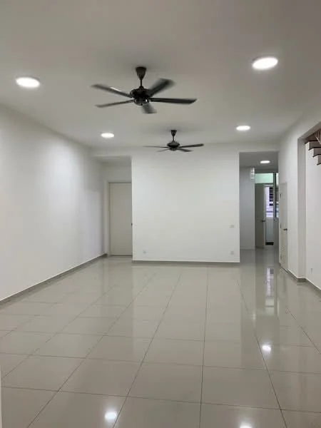 Living features: white painted walls, glossy ceramic tile flooring, 2 ceiling fans, recessed LED downlights, open layout, neutral color scheme, doorway leading to other rooms, large windows for natural light; style: modern.