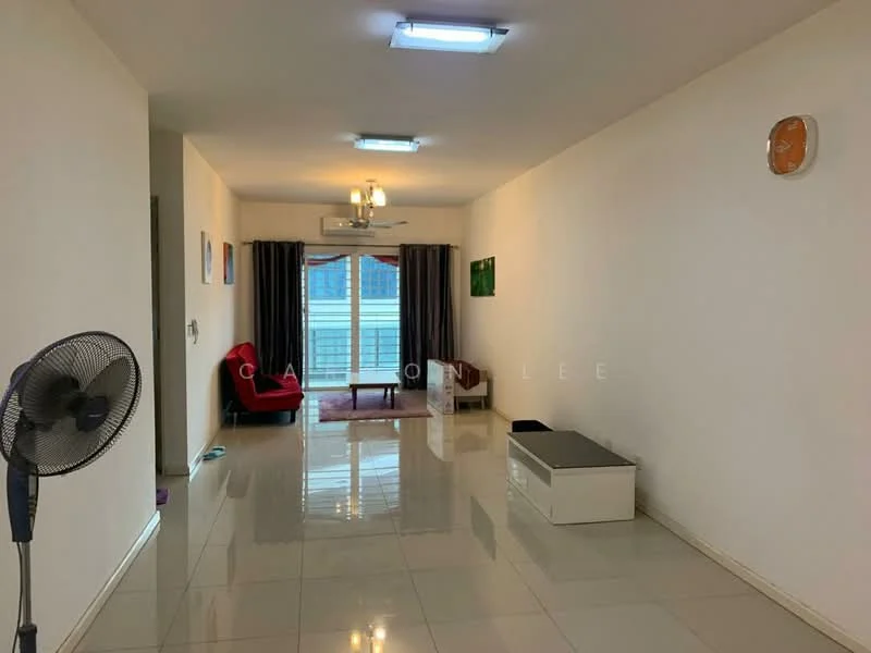 Living features: white painted walls, glossy tile flooring, 5-blade ceiling fan with light, floor-to-ceiling windows, sheer curtains, red fabric sofa, area rug, coffee table, wall-mounted clock, decorative artwork, TV console; style: modern.