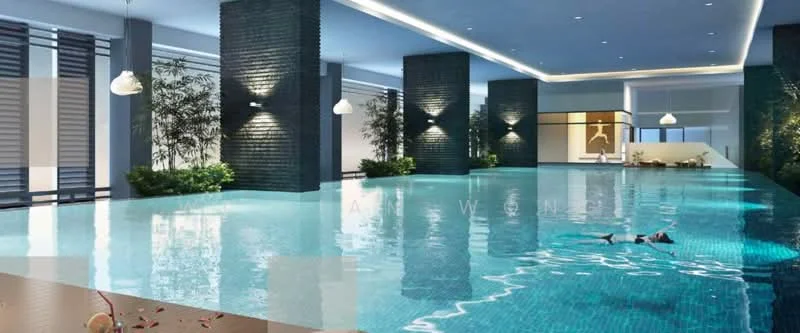 Exterior type: swimming pool deck; features: infinity pool, indoor swimming area, water feature, landscaped greenery, ambient lighting, hanging pendant lights, textured stone walls, large windows, open space layout; style: modern.