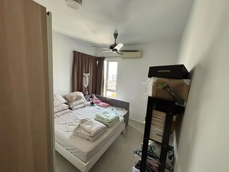 Bedroom features: queen-size bed, upholstered headboard, 2 bedside lamps, ceiling fan, wall-mounted air conditioning unit, floor-to-ceiling window, curtains, white painted walls, light-colored tile flooring, built-in wardrobe, decorative items on shelves; style: modern; view: city.