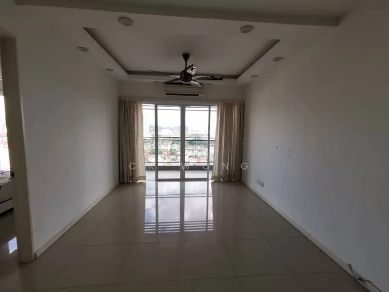 Living features: white painted walls, glossy tile flooring, tray ceiling with recessed lighting, 5-blade ceiling fan with light, floor-to-ceiling windows, sheer curtains, balcony access, city view; style: modern; view: city.