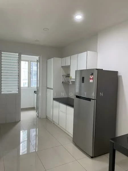 Kitchen features: white cabinetry, black countertop, stainless-steel fridge, ceramic tile flooring, recessed downlights, window with louvered shutters, single-bowl stainless-steel sink, built-in cabinets, open layout, wall-mounted shelves; style: modern.
