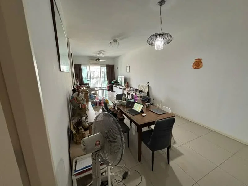 Living features: white painted walls, tile flooring, 5-blade ceiling fan, pendant light, dining table with chairs, office desk, decorative wall art, large windows with natural light, floor-to-ceiling curtains, open layout, decorative items on shelves, fan, computer equipment; style: modern.