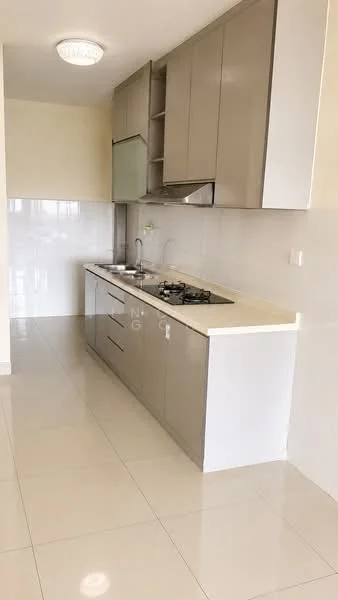 Kitchen features: grey flat-panel cabinets, white quartz countertop, single-bowl stainless-steel sink, chrome pull-down faucet, 4-burner gas hob, built-in oven, white tiled backsplash, recessed downlights, ceramic tile flooring, wall-mounted extractor hood; style: modern.