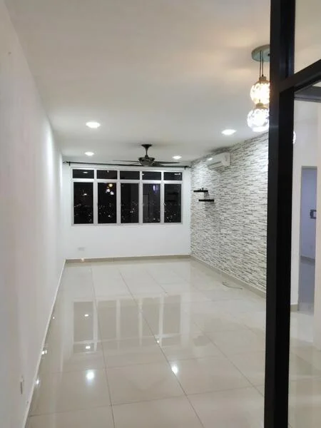 Living features: white painted walls, glossy ceramic tile flooring, recessed downlights, 5-blade ceiling fan, floor-to-ceiling windows, stone feature wall, air conditioning unit, shelves on wall; style: modern; view: city.