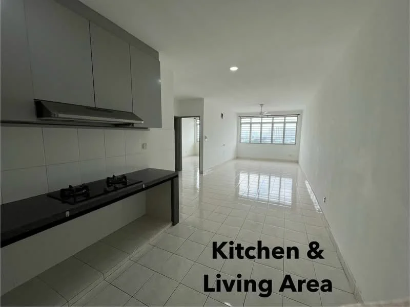 Kitchen features: grey cabinetry, black countertop, built-in gas hob, white tiled backsplash, white walls, tile flooring, recessed downlights; style: modern. Living features: white walls, tile flooring, large windows, ceiling fan, recessed downlights; style: modern.