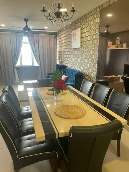 Dining features: 6-seater dining table with marble top, black leather dining chairs, decorative centerpiece with flowers, chandelier with multiple bulbs, wall with circular pattern wallpaper, curtains in light fabric, ceiling fan with light, open space leading to living area; style: modern.