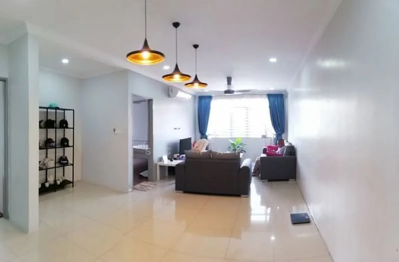 Living features: white painted walls, glossy tile flooring, 3-seater grey leather sofa, 2-seater grey leather sofa, coffee table, wall-mounted TV, TV console, pendant lights, ceiling fan, large windows with blue curtains, decorative plants, open shelving unit with storage boxes; style: modern. Room features: white painted walls, glossy tile flooring.
