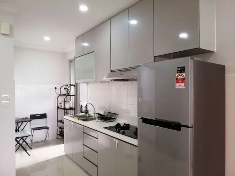 Kitchen features: grey high-gloss cabinetry, white countertop, stainless-steel sink, chrome pull-down faucet, built-in gas hob, stainless-steel range hood, stainless-steel fridge, ceramic tile flooring, recessed LED downlights, wall-mounted shelving, black dining table with chairs; style: modern.