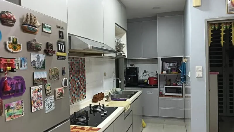 Kitchen features: stainless-steel fridge, double-bowl stainless-steel sink, chrome pull-down faucet, black gas hob with 2 burners, built-in oven, microwave, white cabinetry, grey cabinetry, colorful mosaic tile backsplash, white countertop, tile flooring, wall-mounted kitchen shelves, decorative magnets on fridge; style: modern.