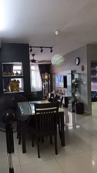 Dining features: dining table with black wooden chairs, white pendant light, grey painted walls, polished ceramic tile flooring, floor-to-ceiling windows with sheer curtains, wall-mounted TV, decorative wall shelves, decorative figurines on shelves, ceiling-mounted track lighting, wall clock; style: modern. Living features: sofa in dark color, coffee table, decorative items on shelves, ceiling fan, area rug; style: modern.