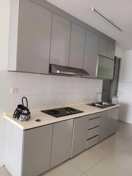 Kitchen features: grey flat-panel cabinets, white countertop, stainless-steel sink, chrome pull-down faucet, built-in oven, 4-burner gas hob, tile backsplash, ceramic tile flooring, recessed downlights; style: modern.