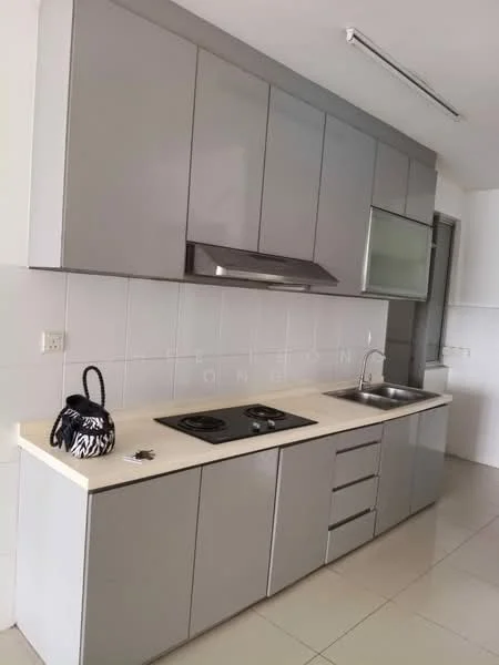 Kitchen features: grey flat-panel cabinets, white countertop, stainless-steel sink, chrome pull-down faucet, built-in oven, 4-burner gas hob, exhaust hood, ceramic tile flooring, white tiled backsplash, wall-mounted cabinets, drawer storage, kitchen utensils on countertop; style: modern.