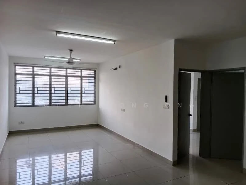 Room features: white painted walls, glossy ceramic tile flooring, fluorescent ceiling lights, ceiling fan, large windows with metal grilles, neutral color scheme, doorway leading to another room, corner wall with electrical outlet; style: modern.