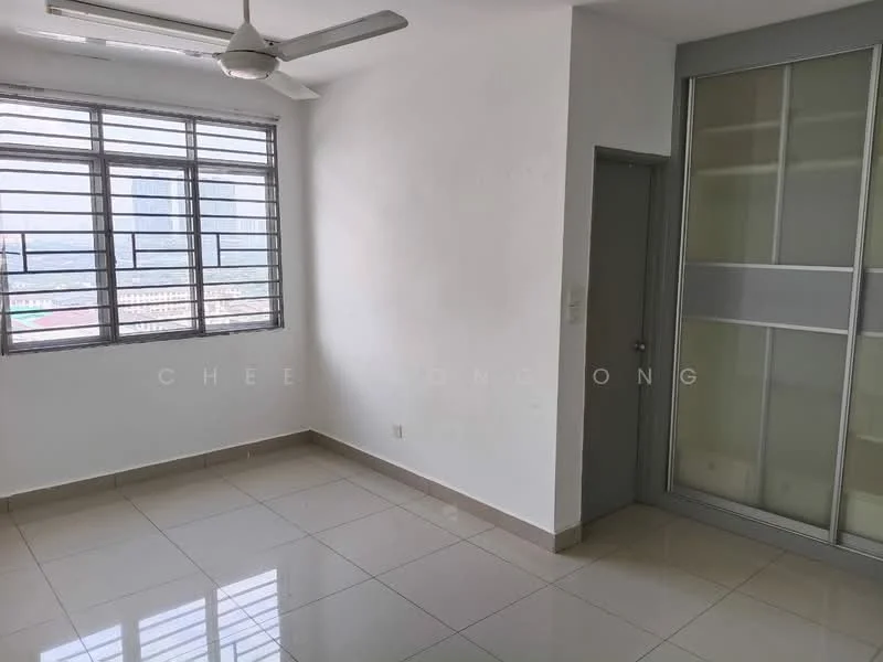 Room features: white painted walls, glossy tile flooring, 5-blade ceiling fan, large window with metal grilles, built-in wardrobe with sliding doors, neutral colour scheme, city view from window, corner room; style: modern; view: city.