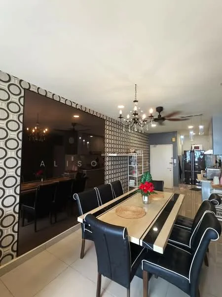 Dining features: rectangular dining table, 6 upholstered dining chairs in black, chandelier light fixture, wall with circular pattern wallpaper, cream tiled flooring, ceiling fan with light, decorative centerpiece with flowers, open layout to adjacent living area, mirrored wall section; style: modern. Kitchen features: stainless-steel fridge, kitchen cabinetry, countertop with bar seating, open layout to dining area; style: modern.