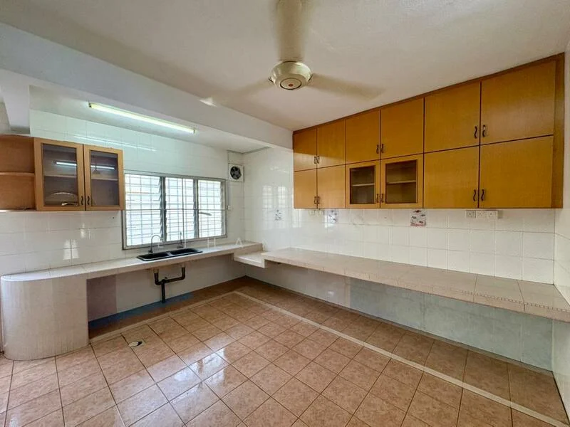 Kitchen features: single-bowl stainless-steel sink, chrome pull-down faucet, laminate countertop, wood cabinetry with yellow finish, ceramic tile flooring, white tiled walls, window with grid pattern, ceiling fan, built-in shelving, counter space along walls; style: modern.