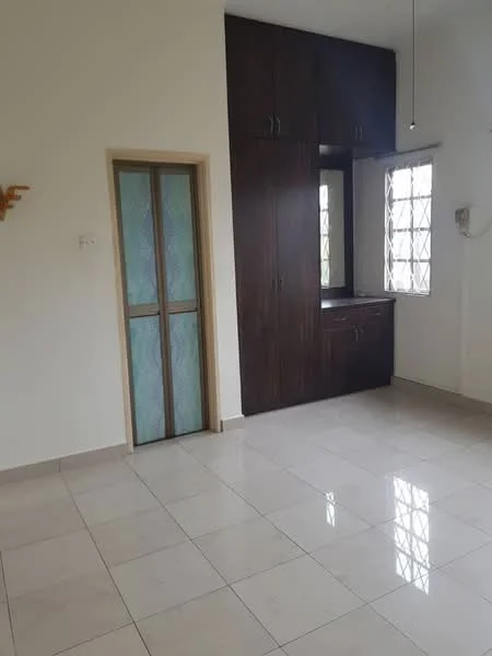 Room features: white painted walls, cream tiled flooring, built-in wooden cabinetry, window with grid pattern, door with glass panel, ceiling light fixture, neutral color scheme, corner shelving unit; style: modern.