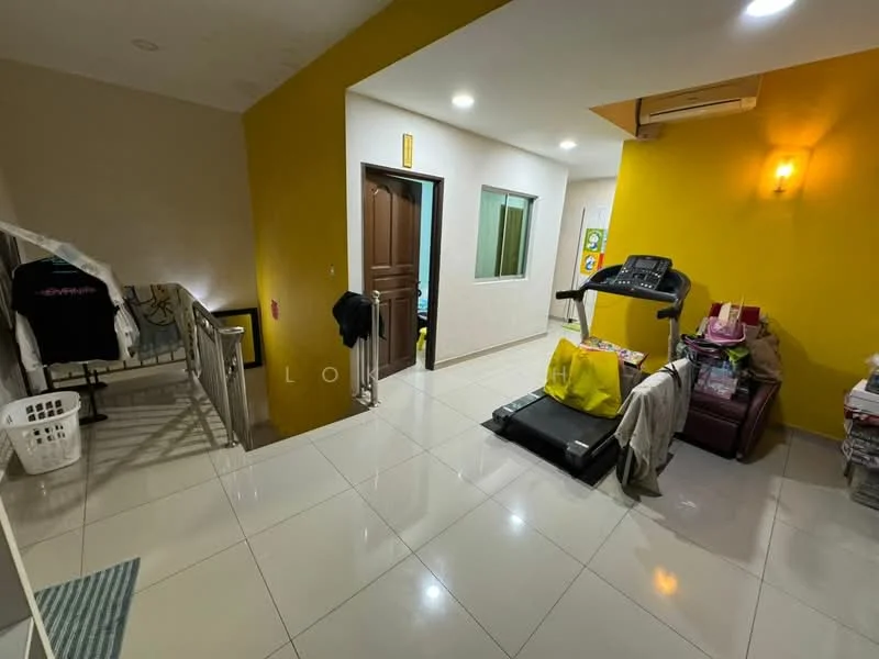 Room features: yellow painted accent wall, white painted walls, glossy tile flooring, recessed downlights, treadmill, wooden door, window with glass pane, laundry basket, stack of boxes, air conditioning unit, decorative wall sconce; style: modern.