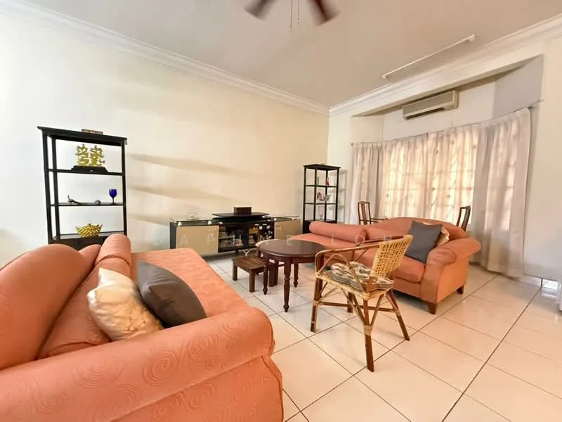 Living features: light beige fabric sofa, 3-seater sofa, 2-seater sofa, wooden coffee table, glass display cabinet, white tiled flooring, ceiling fan, curtains, wall-mounted air conditioning unit, decorative items on shelves; style: contemporary.