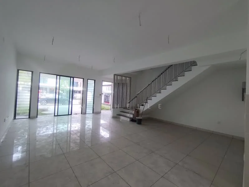 Living features: white painted walls, polished ceramic tile flooring, large floor-to-ceiling windows, double sliding glass doors, staircase with metal railing, open layout, high ceiling, natural light from windows; style: modern; view: street.