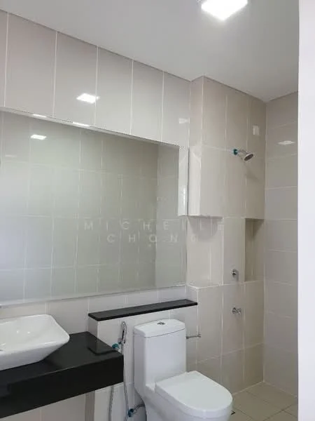 Bathroom features: white tiled walls, light grey tiled flooring, single-sink vanity with black countertop, wall-mounted mirror, one-piece toilet, shower area with wall-mounted faucet, built-in shelving, recessed ceiling lights; style: modern.
