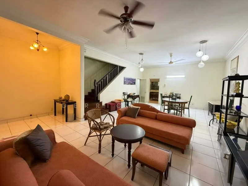 Living features: 3-seater fabric sofa in orange, 2-seater fabric sofa in orange, wooden coffee table, ceiling fan with 3 blades, recessed downlights, pendant lighting, white tiled flooring, cream painted walls, decorative wall art, open layout to dining area; style: traditional. Dining features: 4-seater dining table, wooden dining chairs, white tiled flooring, cream painted walls, open layout to living area; style: traditional.
