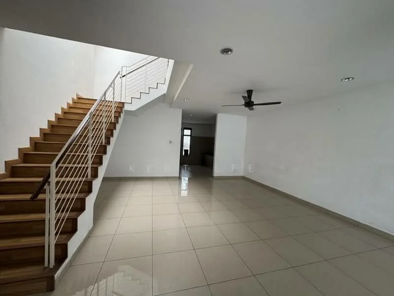 Room features: white painted walls, glossy ceramic tile flooring, wooden staircase with handrail, ceiling fan, recessed downlights, large open space, natural light from windows, no visible furniture; style: modern.