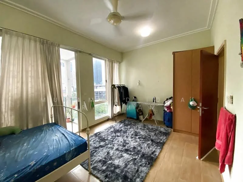 Bedroom features: single bed with blue bedding, floor-to-ceiling windows, sheer curtains, wooden flooring, ceiling fan, built-in wardrobe with wooden doors, area rug with shaggy texture, wall-mounted hooks, decorative wall art; view: city.