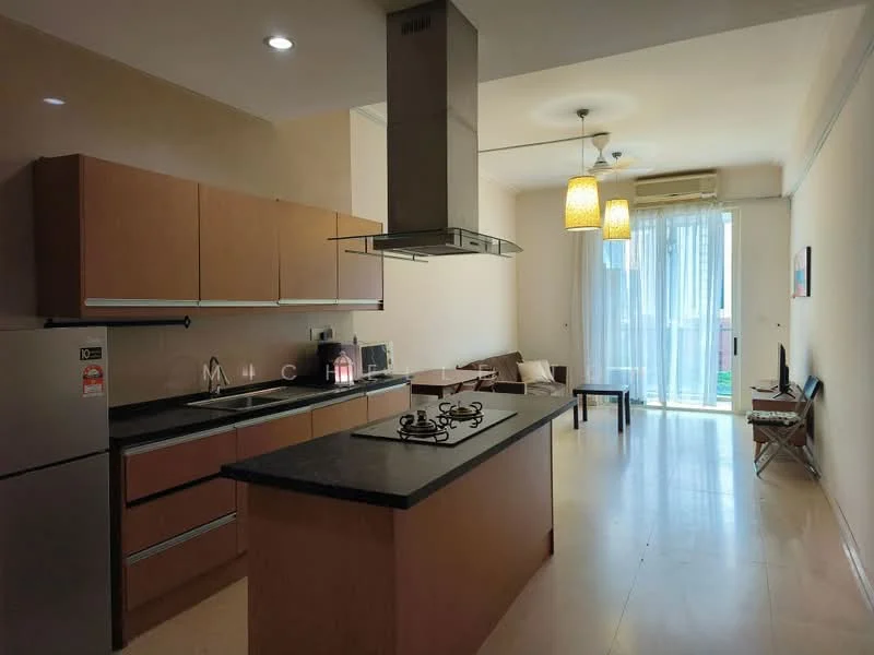 Kitchen features: brown wooden cabinetry, black granite countertop, stainless-steel gas hob, built-in oven, stainless-steel sink, chrome pull-down faucet, refrigerator, pendant lighting, tile flooring, open layout to living area, floor-to-ceiling windows, sheer curtains; style: modern; view: garden. Living features: sofa, coffee table, TV console, wall-mounted TV, area rug, pendant lighting, air conditioning unit; style: modern; view: garden.