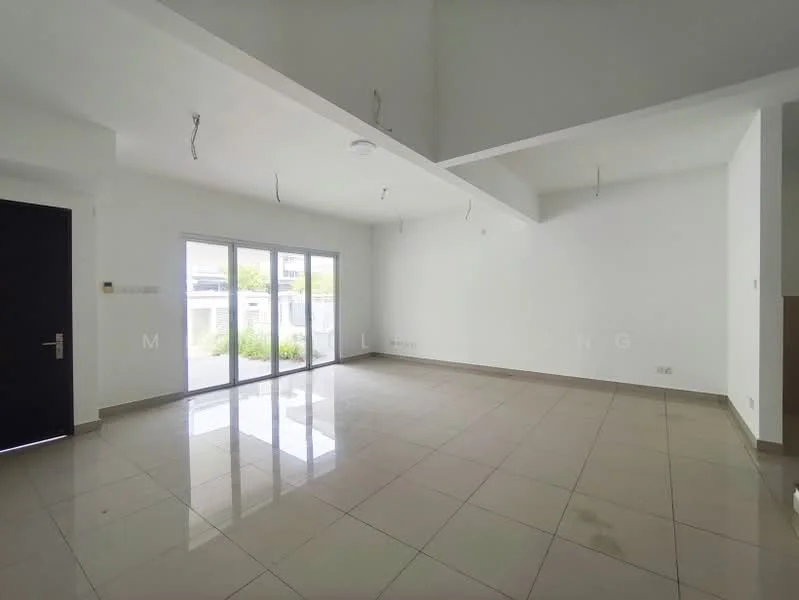 Living features: white painted walls, high ceiling, large floor-to-ceiling windows, sliding glass door, ceramic tile flooring, recessed downlights, neutral color scheme, open layout; style: modern; view: garden.