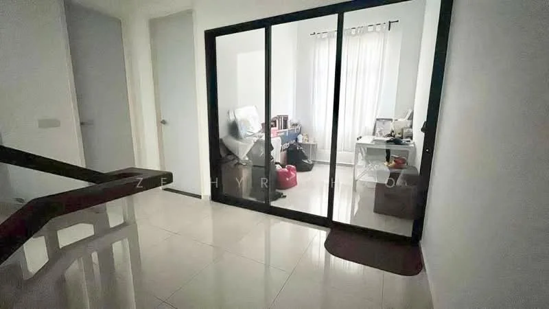 Room features: white painted walls, glossy tile flooring, glass sliding door, natural light from windows, curtains, office desk, office chair, bookshelves, decorative items, light fixture; style: modern.