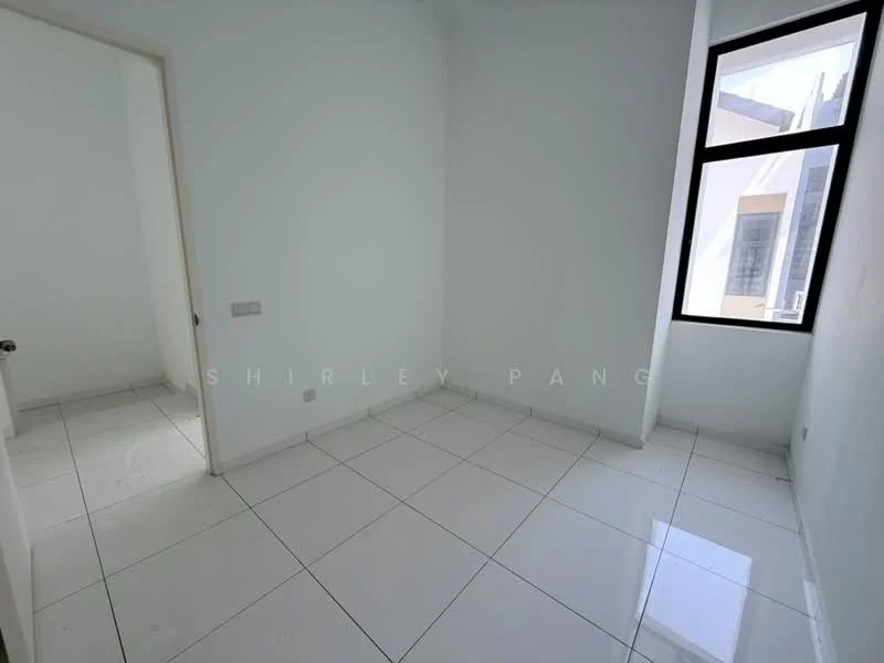 Room features: white painted walls, glossy white tile flooring, large window with black frame, natural light from window, plain ceiling, single door, corner room; style: minimalist.