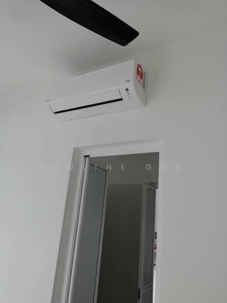 Room features: wall-mounted split AC, white painted walls, doorway with sliding door, ceiling fan.